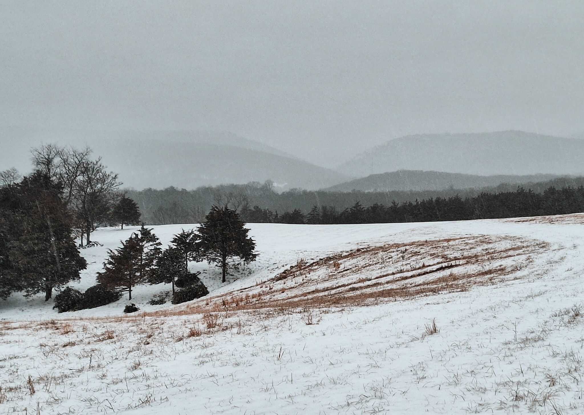 Snow-covered field with distant Blue Ridge Mountain views at Canaan Springs, a Northern Virginia farm wedding venue near Winchester, VA