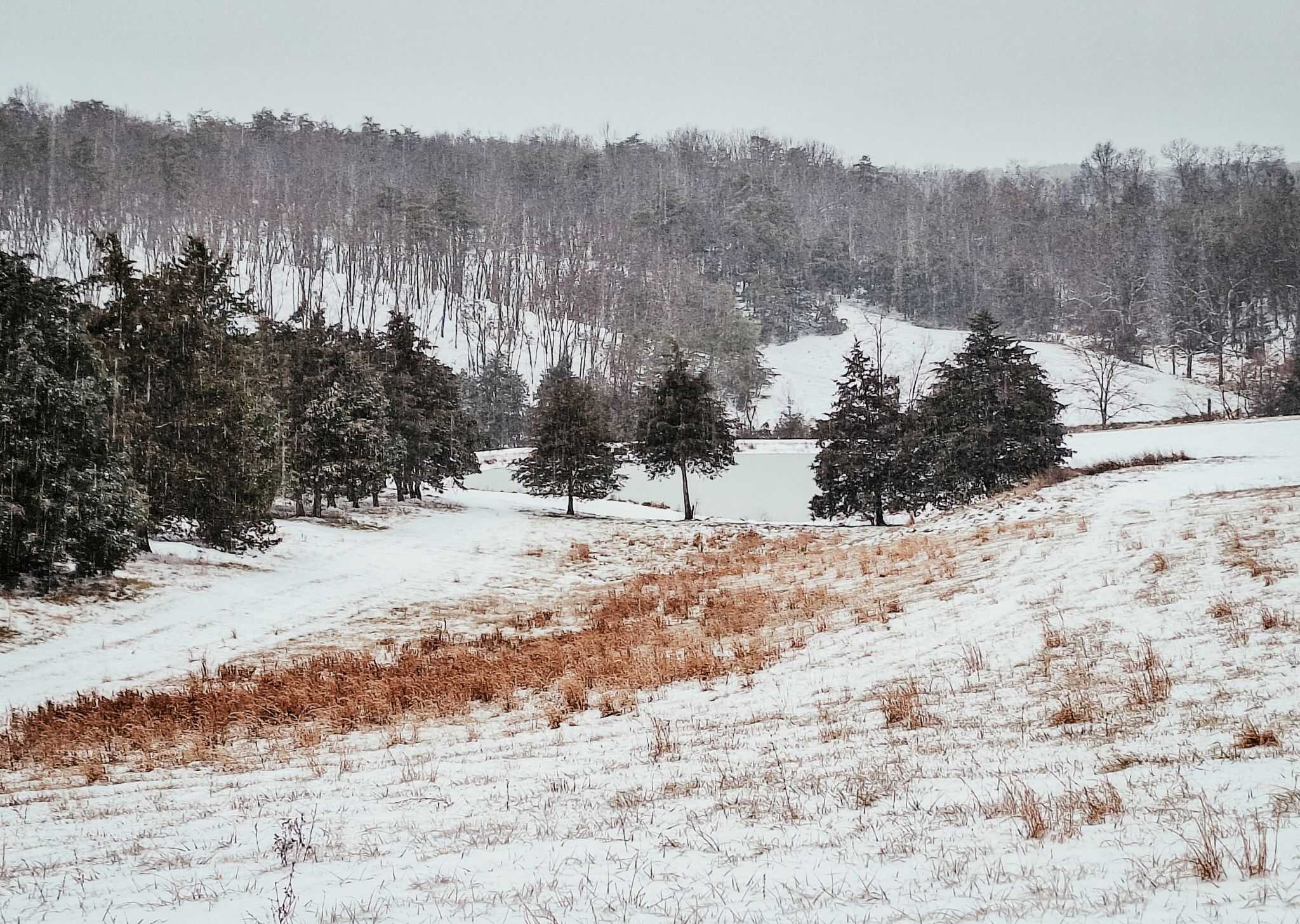 Snow-covered field at Canaan Springs, a rustic Northern Virginia farm wedding venue near Winchester, VA, perfect for winter weddings
