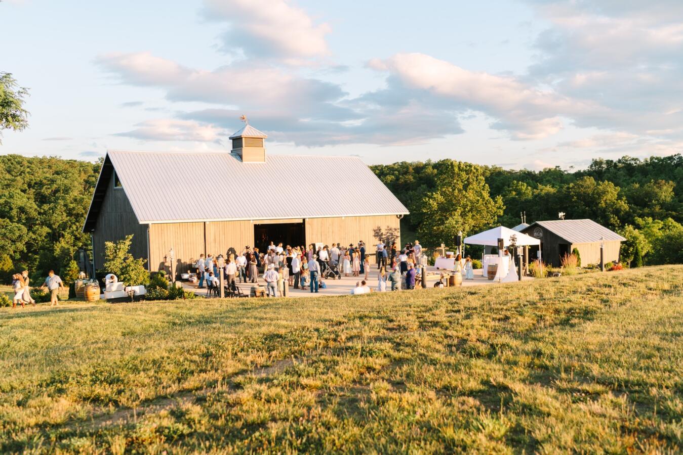 Summer Cocktail Hour on the Barn Patio at Canaan Springs Sunlit barn and patio during a summer evening cocktail hour at Canaan Springs, a rustic-chic Northern Virginia wedding venue.