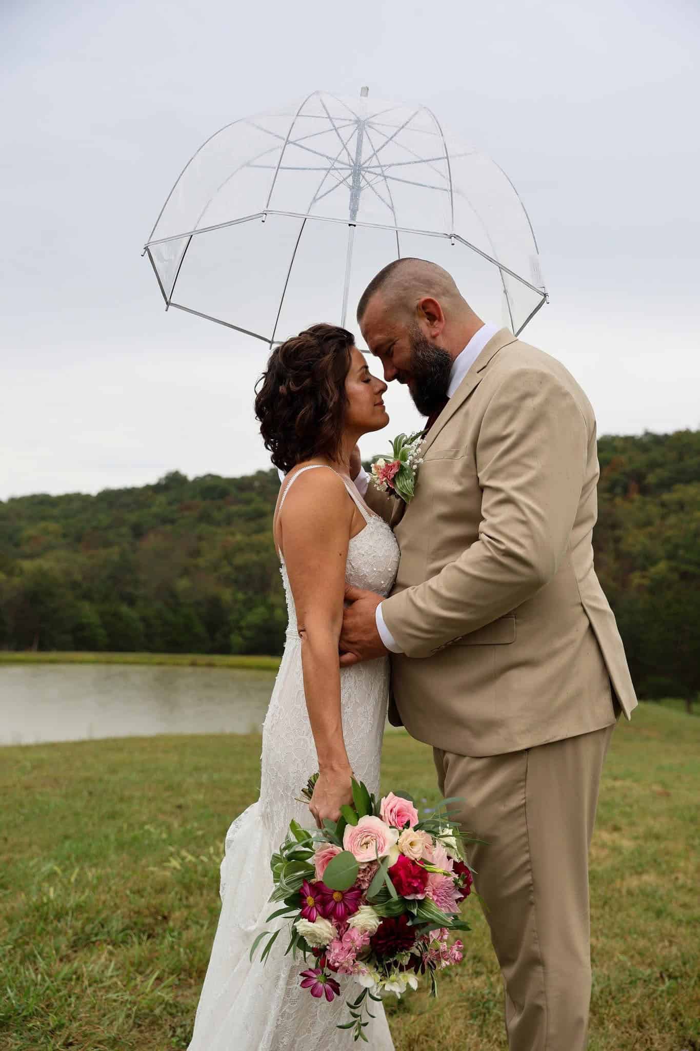 Just married couple admiring each other by the pond at Canaan Springs, a Northern Virginia farm wedding venue near Winchester, Virginia