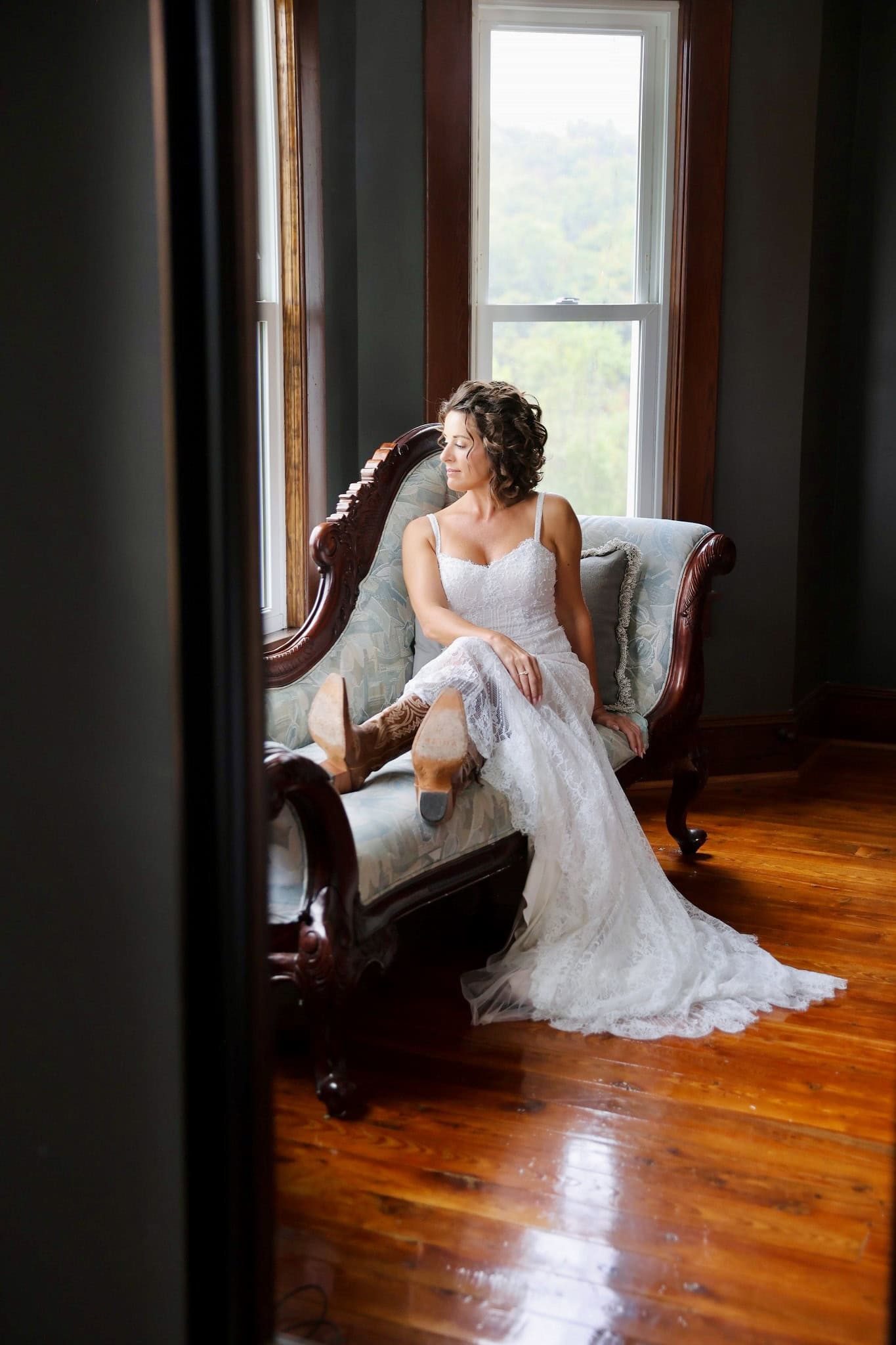 Bride in natural light inside the Canaan Springs farmhouse near Winchester Virginia