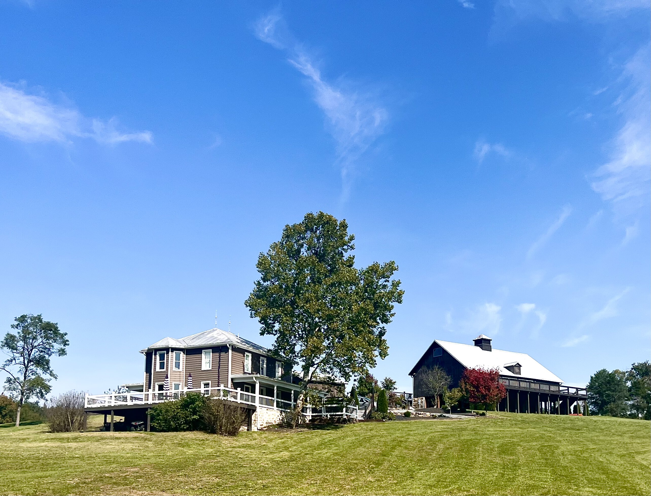 Mid-distance view of the barn and farmhouse at Canaan Springs Northern Virginia wedding venue, showing open space and historic buildings near Winchester, Virginia.